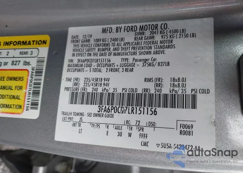 2020 Ford Fusion Sel z USA, uszkodzony, nr VIN 3FA6P0CD7LR151156